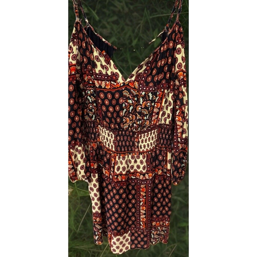 Ella Moon Women Philippa Cold Shoulder Long Sleeve Smocked Boho Dress Sz XL